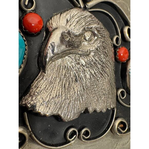 LARGE Native American Belt Buckle Raised Eagle Head Turquoise Coral Silver Tone - Picture 3 of 8